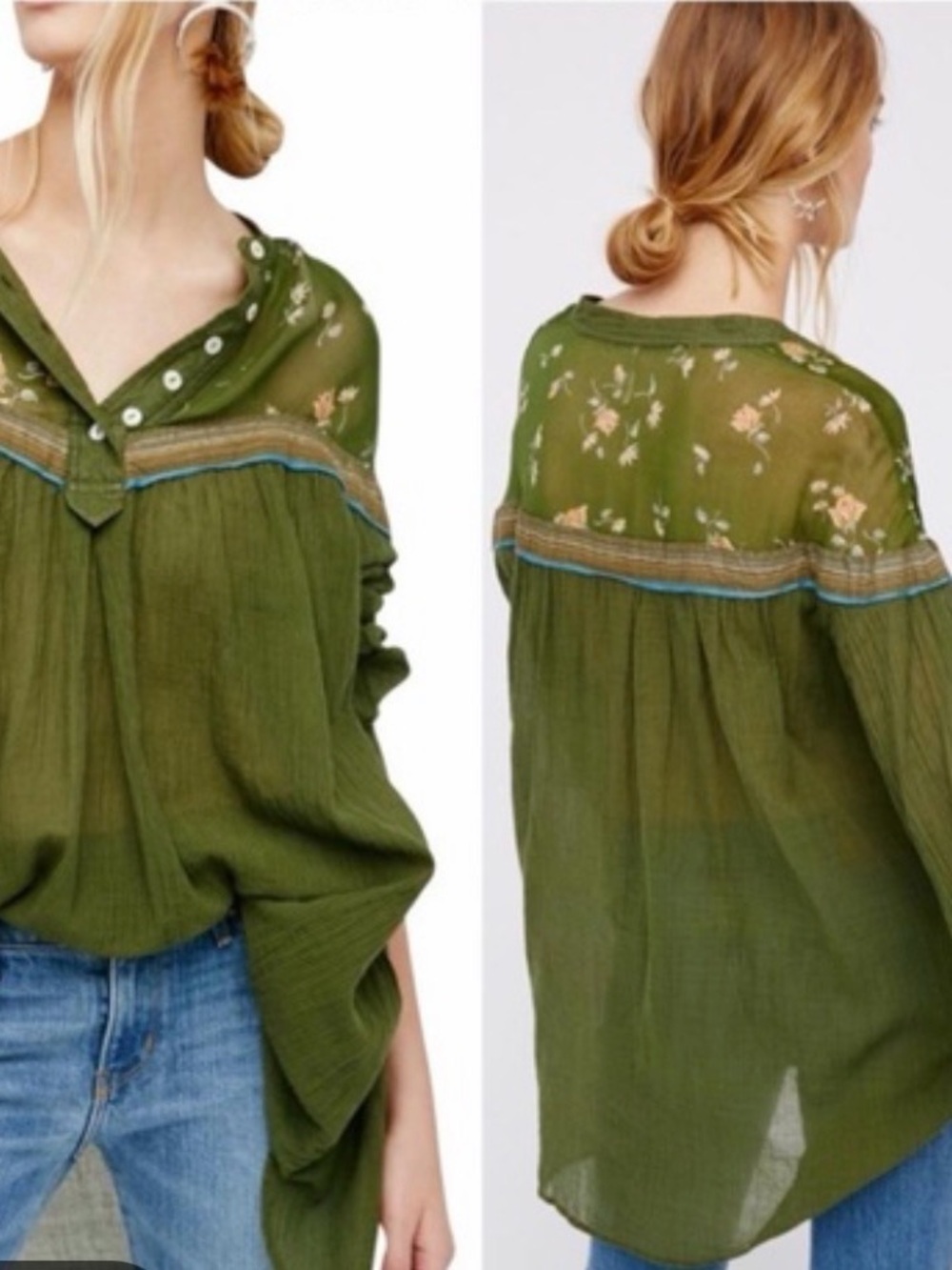 Free People Olive Floral Yoke Peasant Tunic size Small